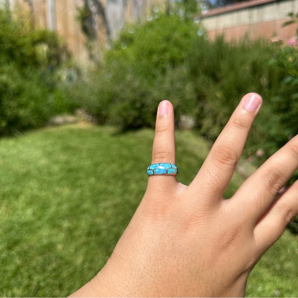 Sterling Opal Inlay Band Ring Vintage 950 Mexico Silver - Picture 5 of 9